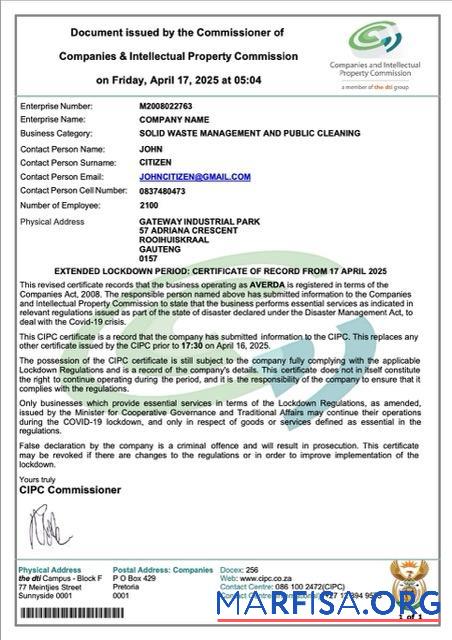 Downloadable South Africa certificate of company registration Word and PDF template, version 3
